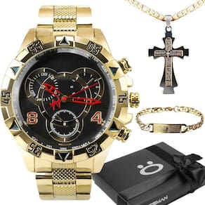 Relogio Banhado Cruz Prova Dagua + Pulseira + Caixa Casual