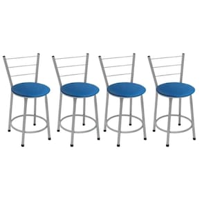 Kit 4 Banquetas Baixas Prata com Encosto Assento Azul
