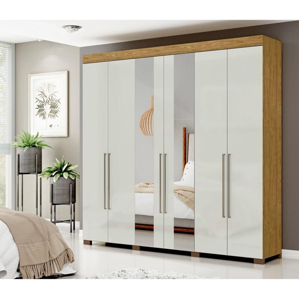 Guarda Roupa Casal 6 Portas 2 Gavetas Itá Com Espelho Marrocos/Off White
