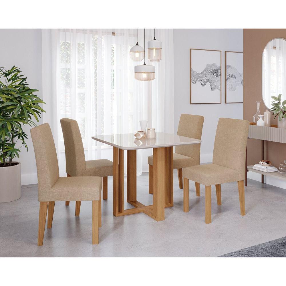 Sala de Jantar Flora Quadrada Tp com Vidro com 4 Cadeiras Maia Marrom/Off White/Gengibre