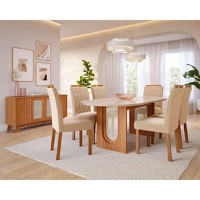 Sala de Jantar Valentina 210cm Oval com 6 Cadeiras Paola Wood Cinamomo/Off White/Madeira/Nude