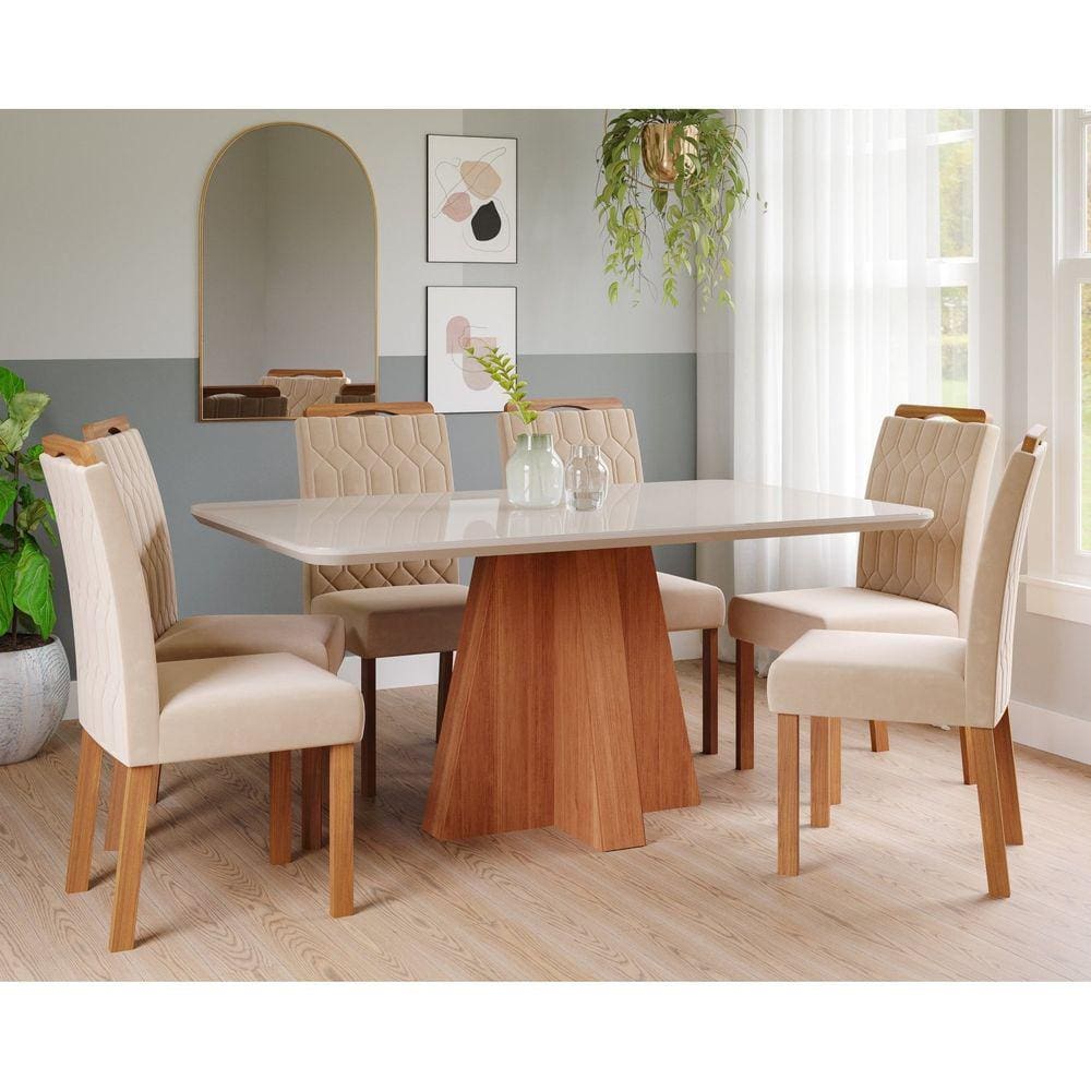 Sala de Jantar Maite 160cm com 6 Cadeiras Paola Cinamomo/Off White/Madeira/Nude