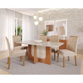 Sala de Jantar Louise 180cm com 06 Cadeiras Fernanda Wood Cinamomo/Off White/Madeira/Nude
