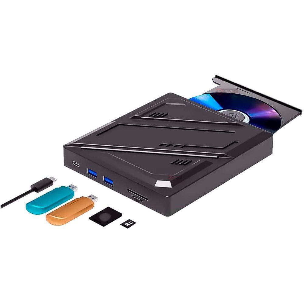 Drive externo 6 Em 1 - HUB Leitor E Gravador de CD DVD, Com 2 Porta USB 3.0 1 Tipo C 1 Slot Cartão Micro SD e 1 SD