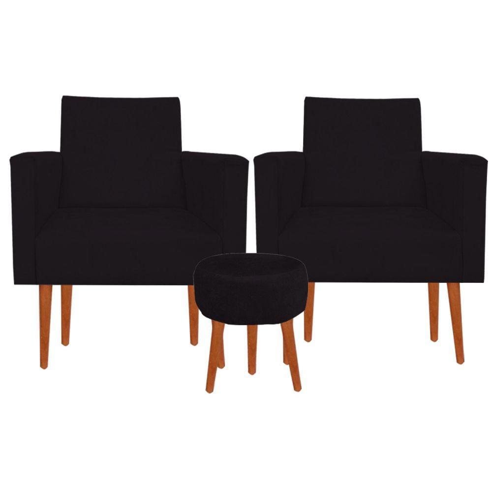 Kit 02 Poltronas Luxo Decorativas Nina E Puff Suede Preto