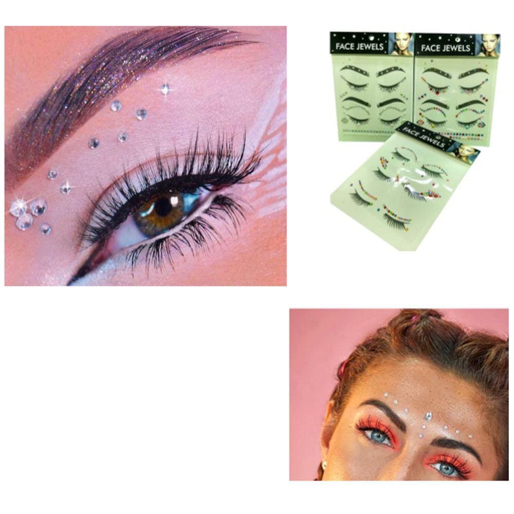 Adesivo Autocolante para Rosto e Olhos: Strass Colorido Stickers Face Jewels Carnaval e Festas - 3 Cartelas