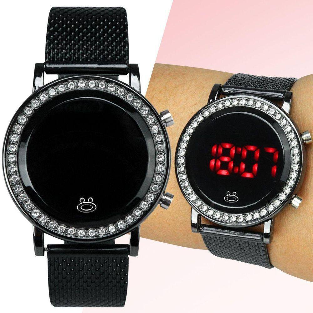 Relogio Feminino Digital Strass Preto Led Aço Redondo Casual