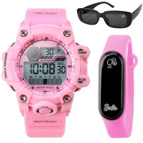 Relogio Prova Dagua Digital Infantil Rosa Led + Oculos Sol