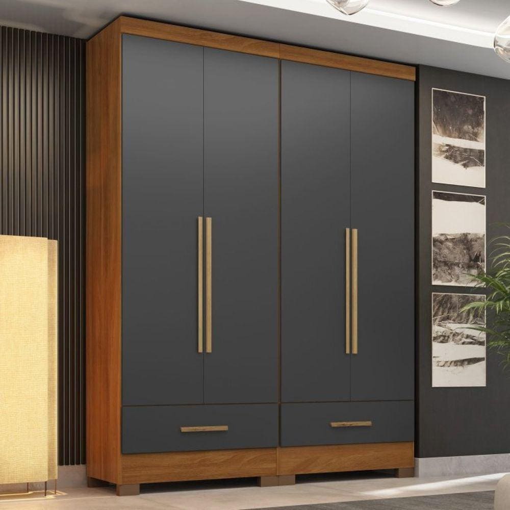 Quarto Modulado 2 Peças 4 Portas 2 Gavetas Smart Plus Espresso Móveis Cinamomo/Cinza