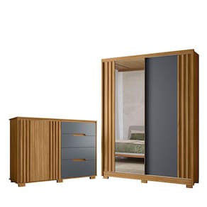 Kit Guarda Roupa C/ Espelho 2 Portas Cannes E Cômoda Sapateira Munique M01 Freijó Cinza Clique Chique