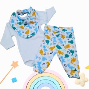 Kit Body Bebê Com Calça E Bandana Babador Like On Dinossauros Branco Rn Ao G