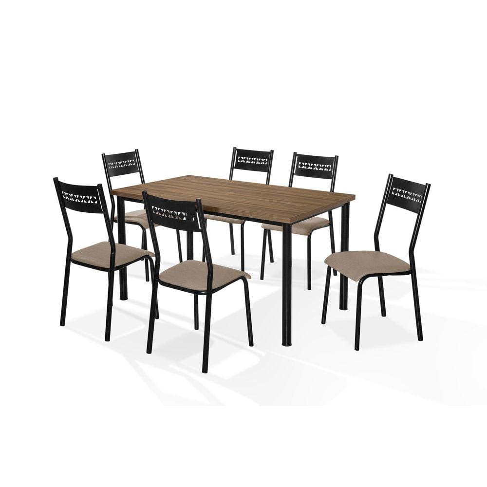 Jogo de Mesa 6 Cadeiras Titanium Tubo Preto Tampo Nogal
