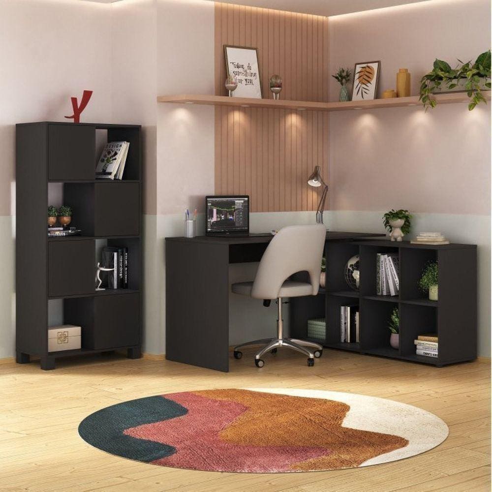 Home Office Completo com Mesa em L e Armário Preto