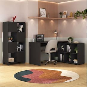 Home Office Completo com Mesa em L e Armário Preto