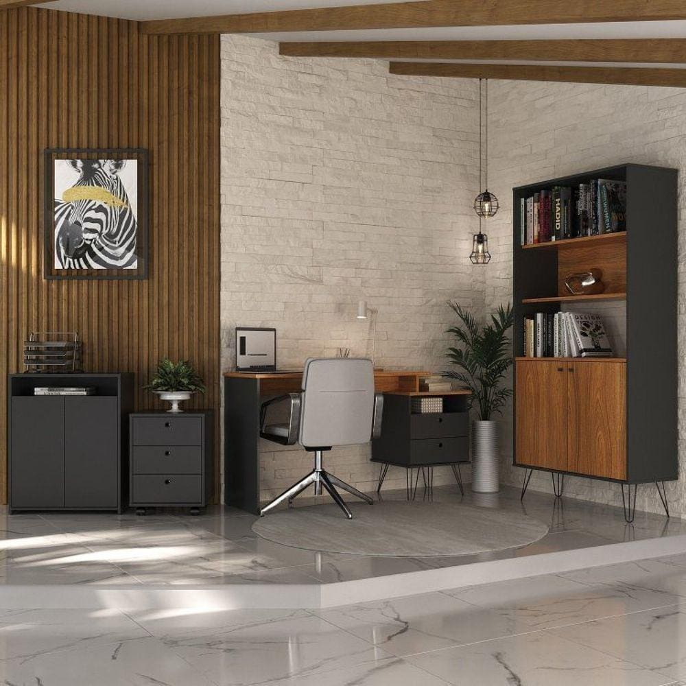 Conjunto Home Office Completo Industrial com Escrivaninha, Estante, Gaveteiro e Balcão Preto/Freijó