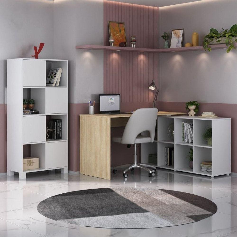 Home Office Completo com Mesa em L e Armário Branco/Carvalho