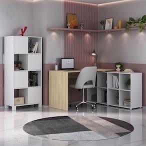 Home Office Completo com Mesa em L e Armário Branco/Carvalho