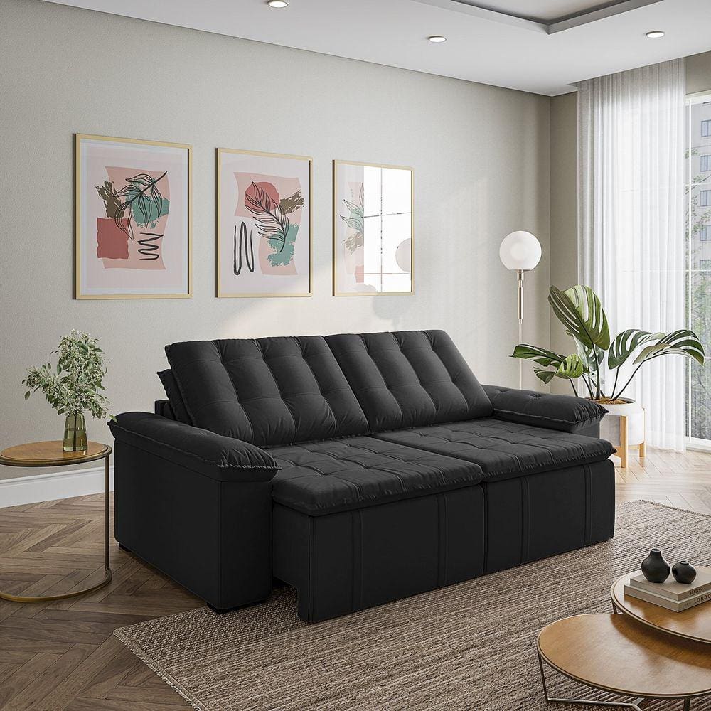 Sofá Cama Palmeira 3 Lugares Retrátil Reclinável 220cm Veludo CabeCasa MadeiraMadeira Preto