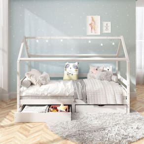 Cama Montessoriana Madeira Maciça Casa com Estrado Clia Branco