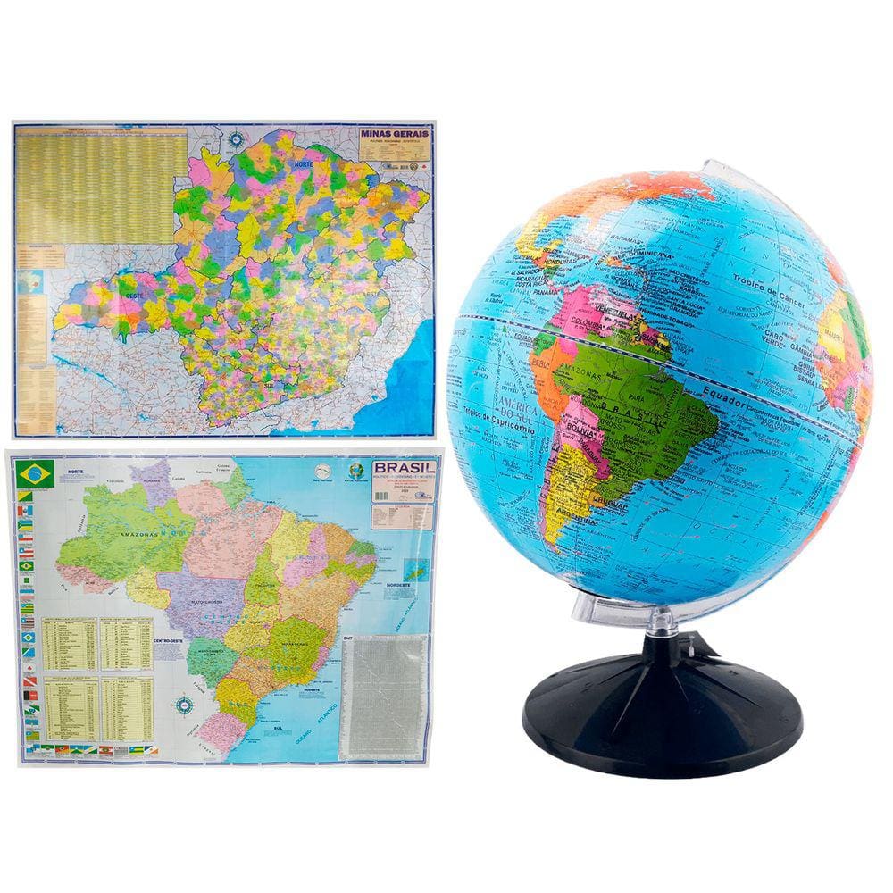 Kit Globo Terrestre Profissional Studio 30cm + Mapa do Brasil + Mapa de Minas Edição Atualizada Escolar Decorativo
