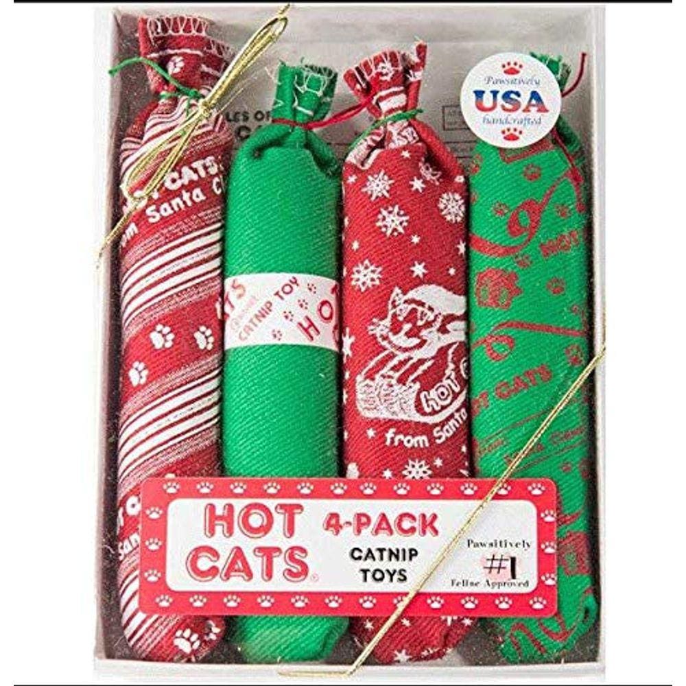Brinquedo de salsicha Catnip Hot Cats HotCat, pacote com 4, design de Natal