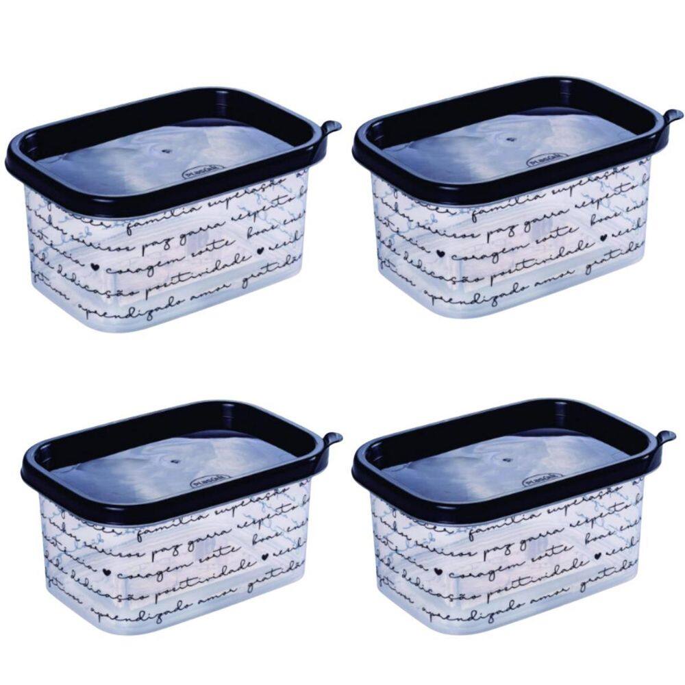 Kit Com 4 Potes De Plástico Decorado Com Tampa Preta - 900Ml