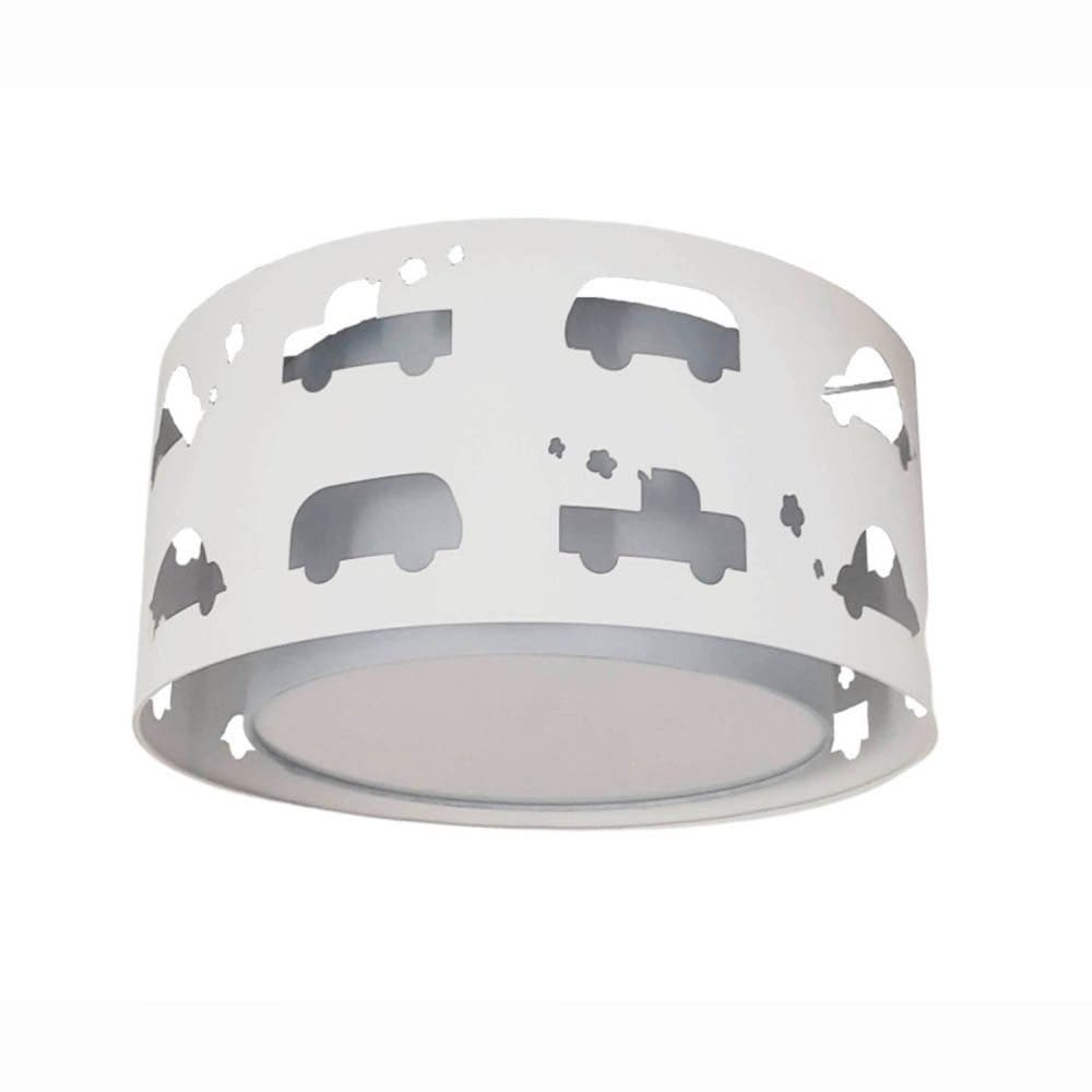 Luminária Infantil Plafon Carrinhos  30x16 Cinza/Branco