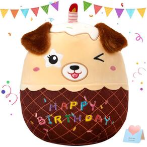 Almofada de pelúcia CozyWorld Birthday Cake Dog para crianças marrom