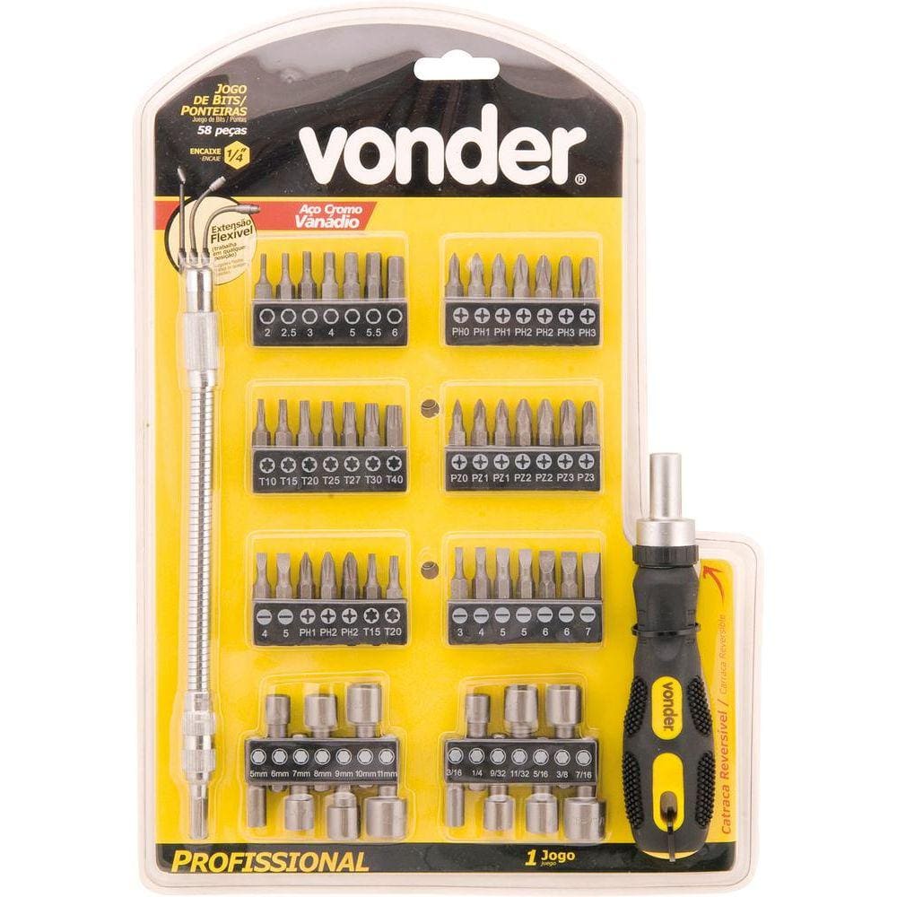 Jogo bits ponteiras 1/4” com 58 peças cromo vanádio - Vonder