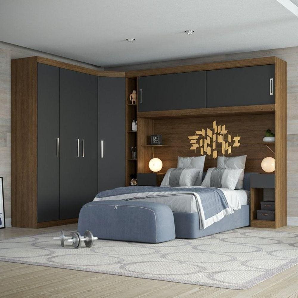 Conjunto para Quarto com Guarda Roupa Modular Gênova Plus Ipê Wood/ Grafite
