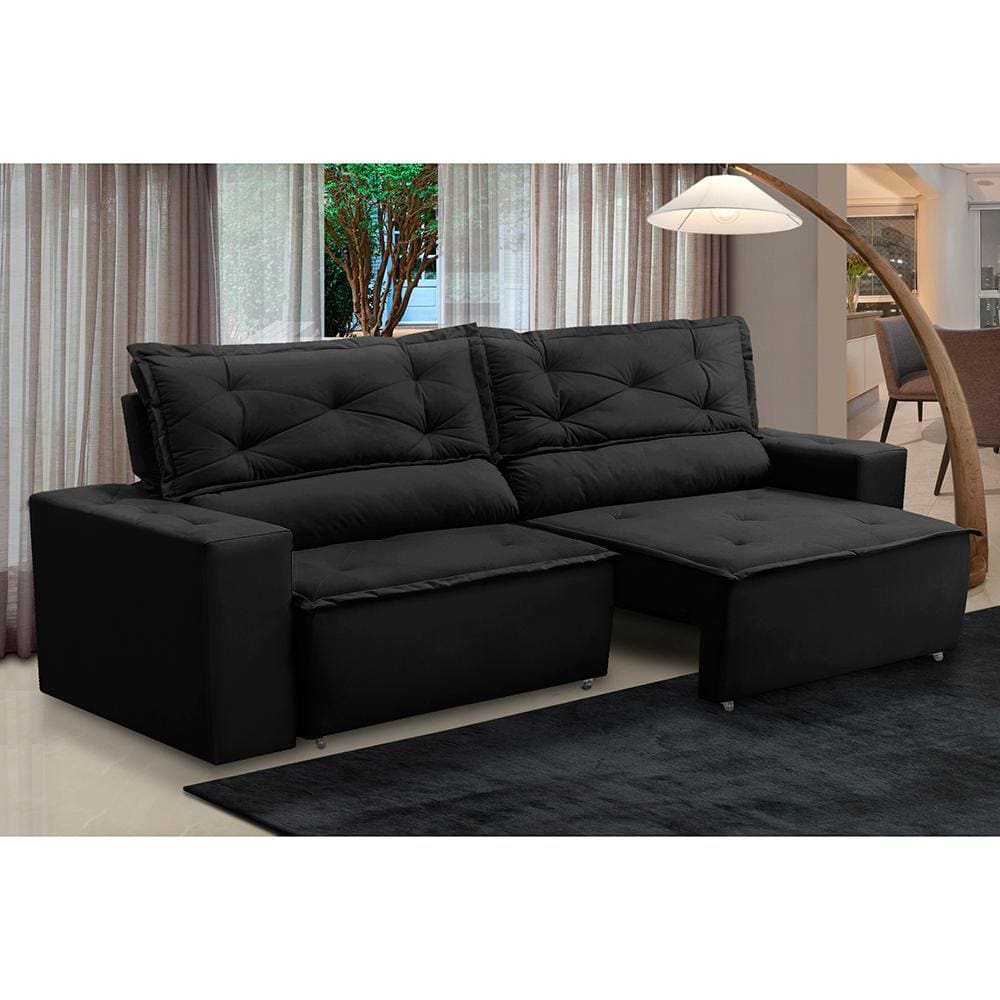 Sofá Retrátil e Reclinável 3 lugares com Molas 1,50m Laura Suede Preto Madelina