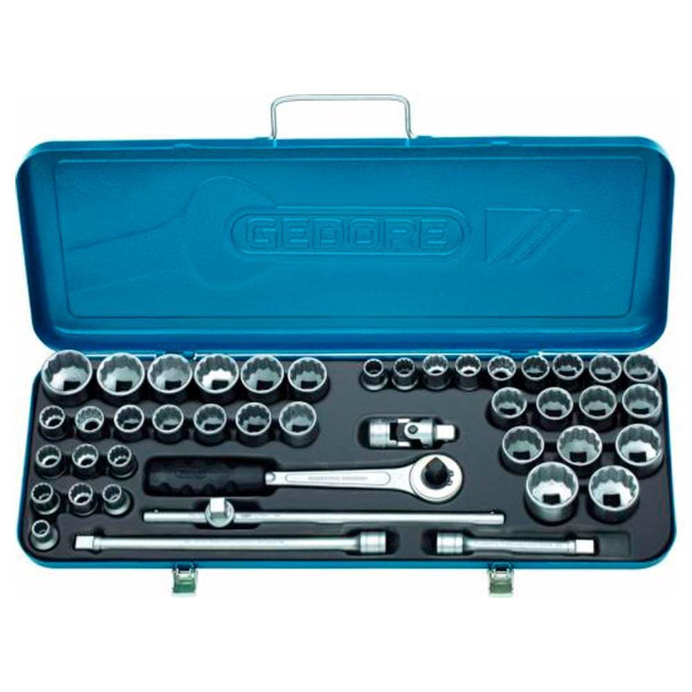 Jogo de Soquetes Estriados com 43 peças 10 à 32 MM - 3/8” à 1.1/4” Encaixe de 1/2” - Gedore 015559