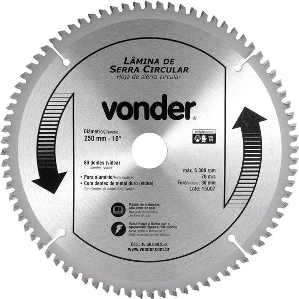 Lamina Serra Circ Vídea 250x80d 5300rpm Para Alu. - Vonder