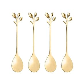 Conjunto 4 Colheres Flor Aço Inox para Café / Chá Dourado Ouro