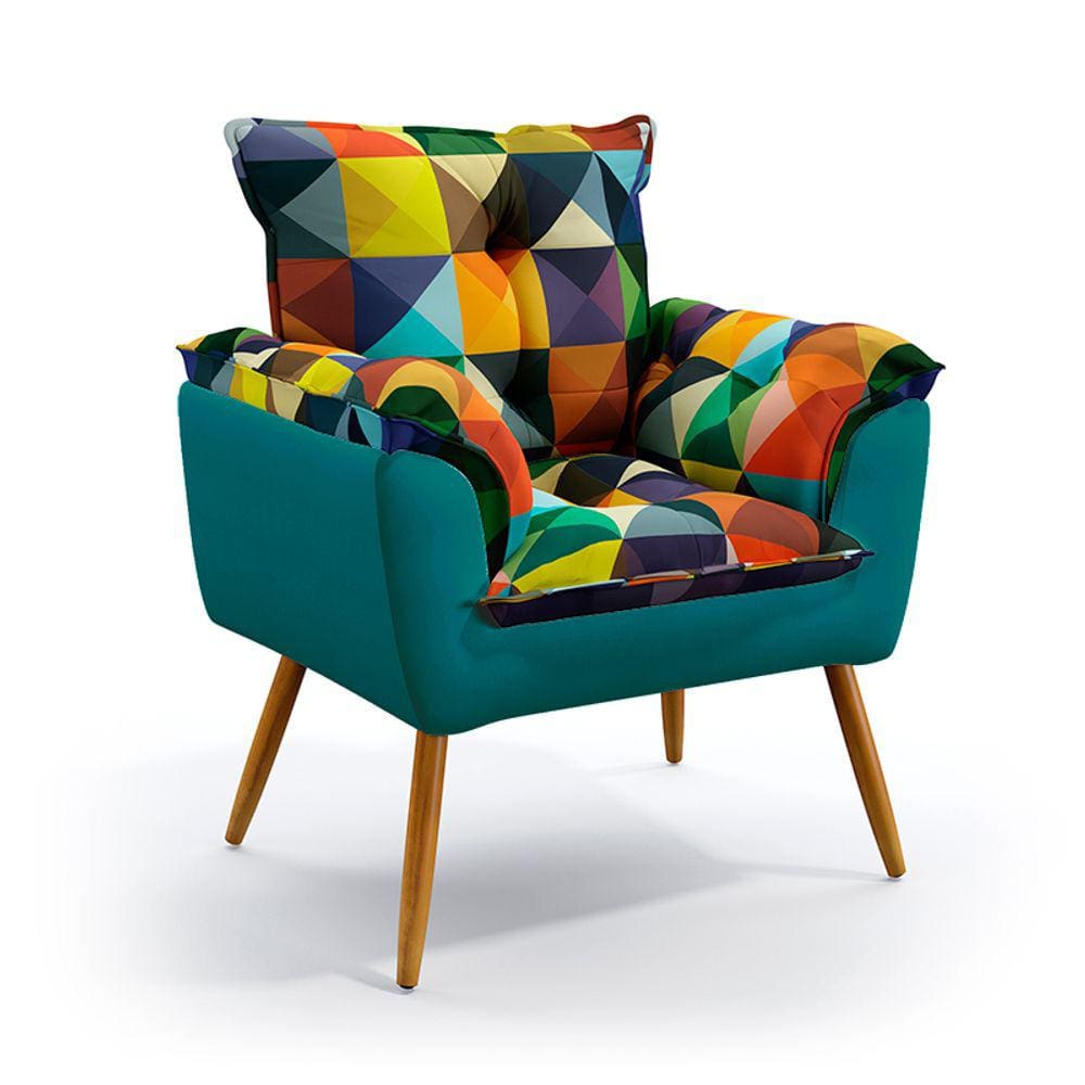 Poltrona Beta / Sued Estampado Vermelho com Turquesa