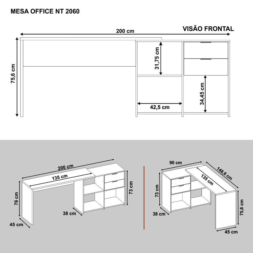 Mesa de Escritório em L 2 Gavetas 3 Nichos Office | Ponto