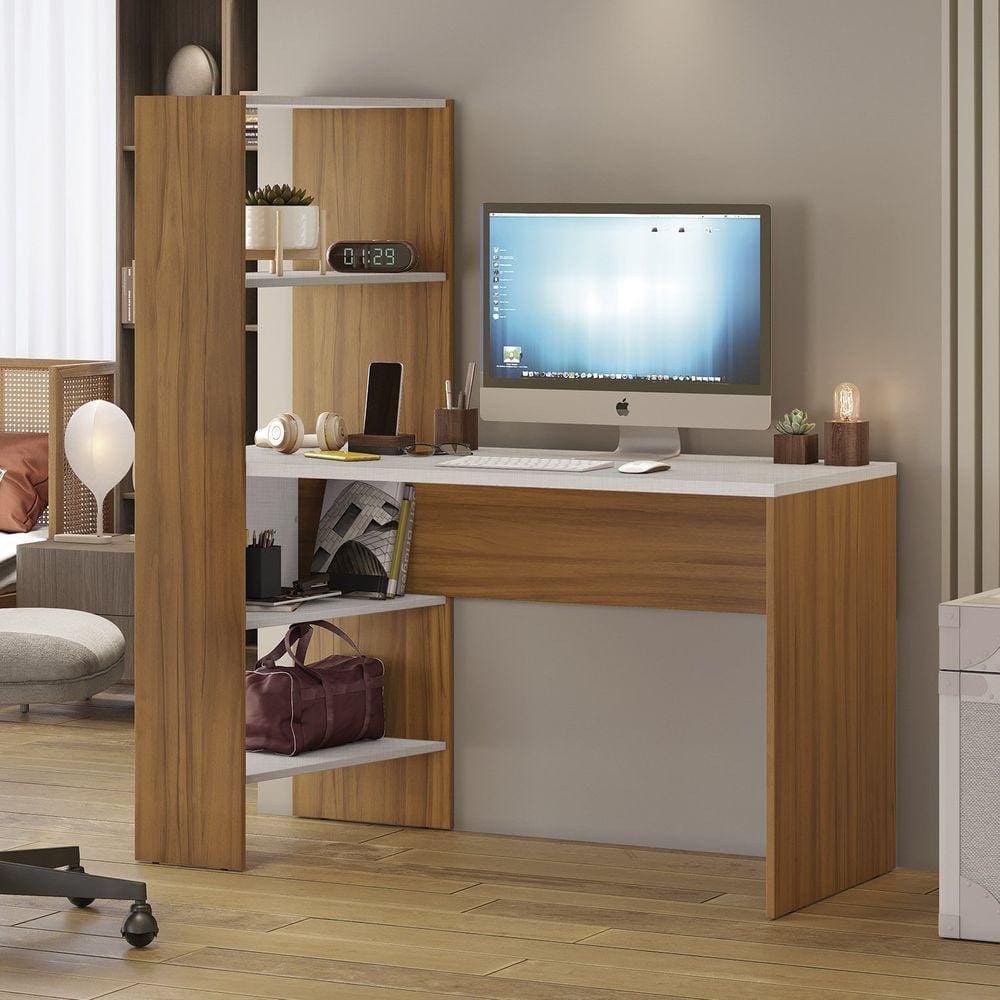Mesa Office Escrivaninha com Torre e Prateleiras NT 2105 Off White Tx / Freijo Trend