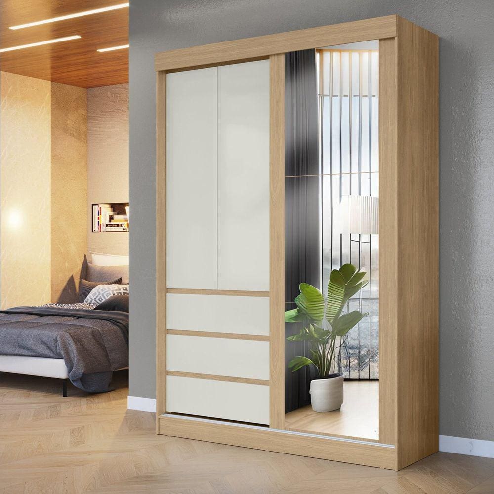 Guarda-roupa Casal Bagda 3 Portas 3 Gavetas com Espelho Castanho/Off White