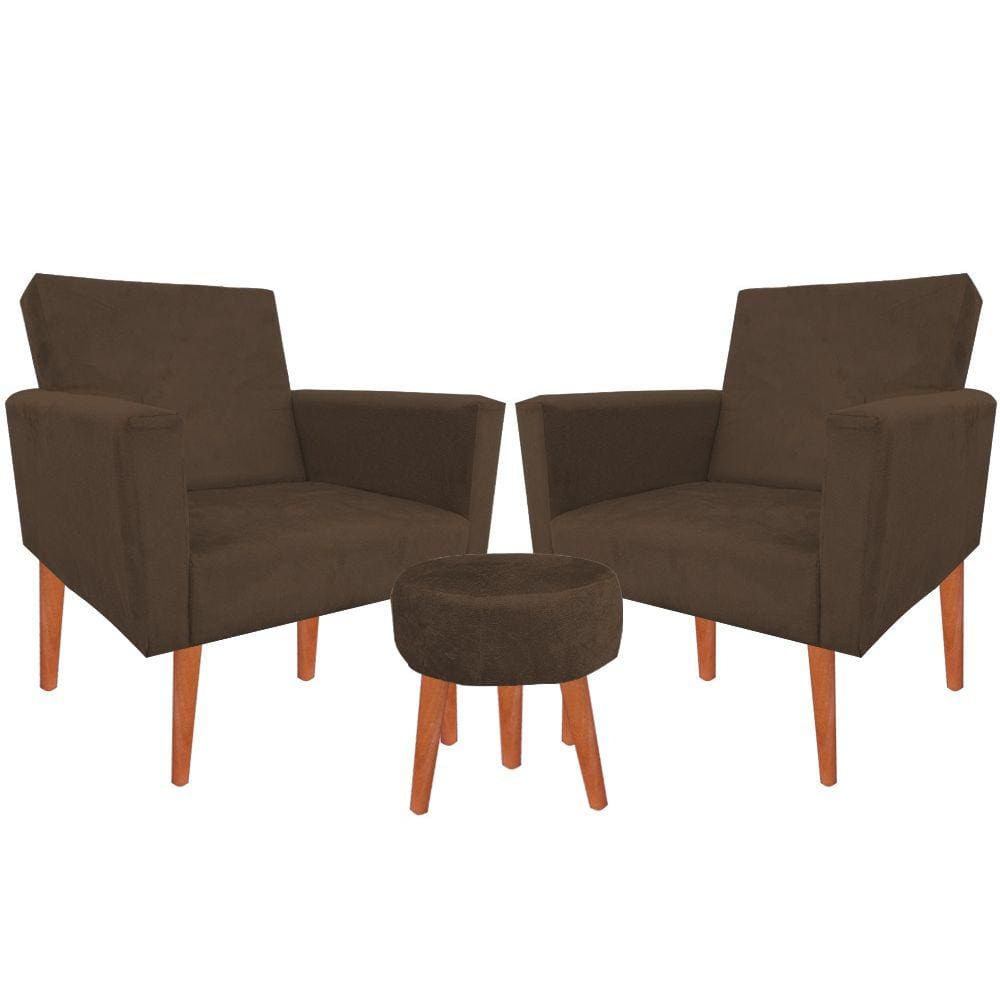 Kit 02 Poltronas Luxo Decorativas Nina E Puff Suede Marrom
