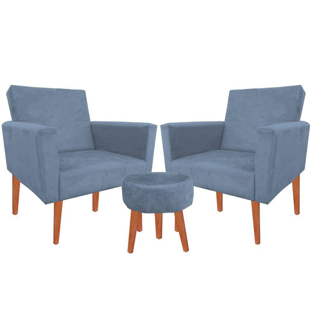 Kit 02 Poltronas Luxo Decorativas Nina E Puff Suede Grafitte