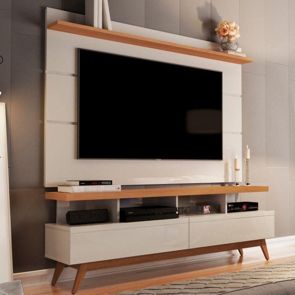 Conjunto Rack Vivare Wood e Painel para TV até 60 Polegadas Vivare Off White Marrom Móveis Germai Off White Marrom