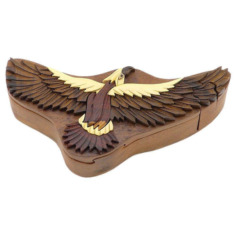 Puzzle Box Hawk All l Wood Intarsia com compartimento secreto