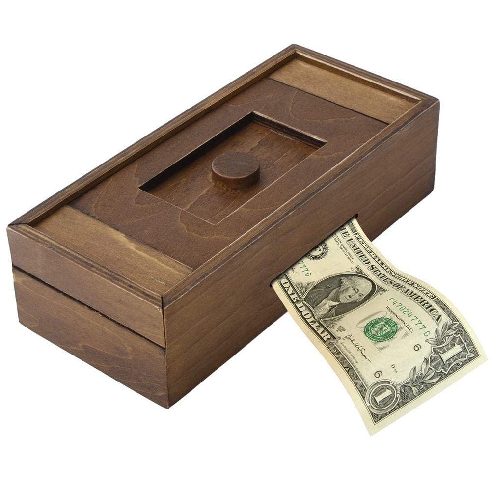 Puzzle Box Vencer Guarde seu dinheiro, compartimento secreto de madeira