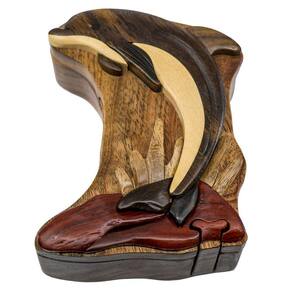Caixa de quebra-cabeça Leaping Dolphin Wood Intarsia com compartimento secreto