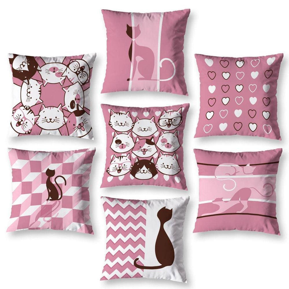 Kit 7 Capas De Almofada 40Cm X 40Cm Estampadas Gatos