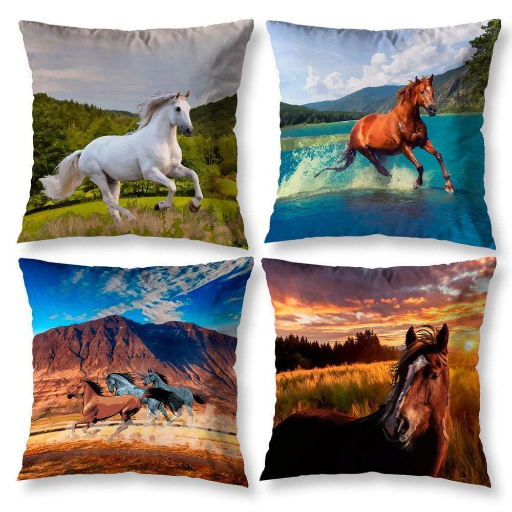 Kit 4 Capas De Almofada Sala 40Cm X 40Cm Estampadas Cavalo
