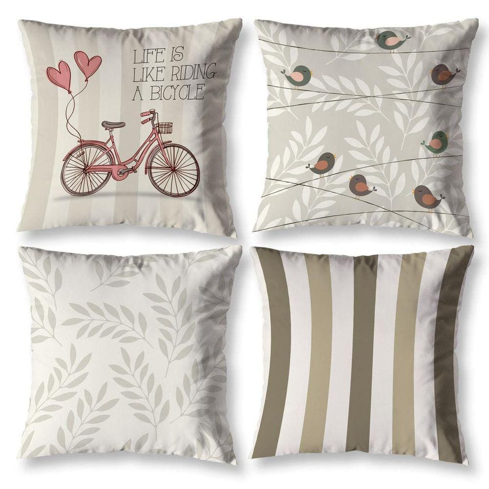 4 Almofadas Cheias Sala 40Cm X 40Cm Estampadas Bike Cáqui