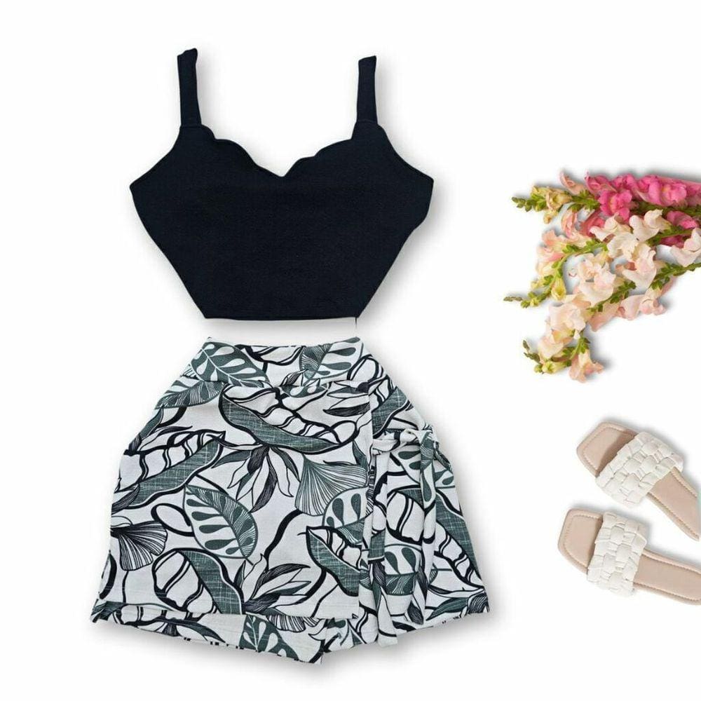 Conjunto Plus Size Short Saia Estampado Fenda Cropped 0392