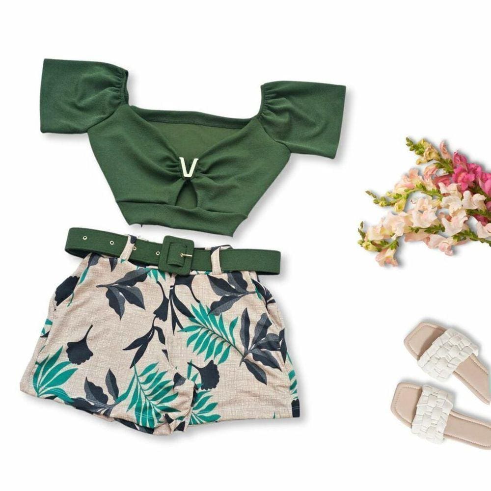 Conjunto Plus Size Feminino Short Estampado Cinto Cropped V 0391
