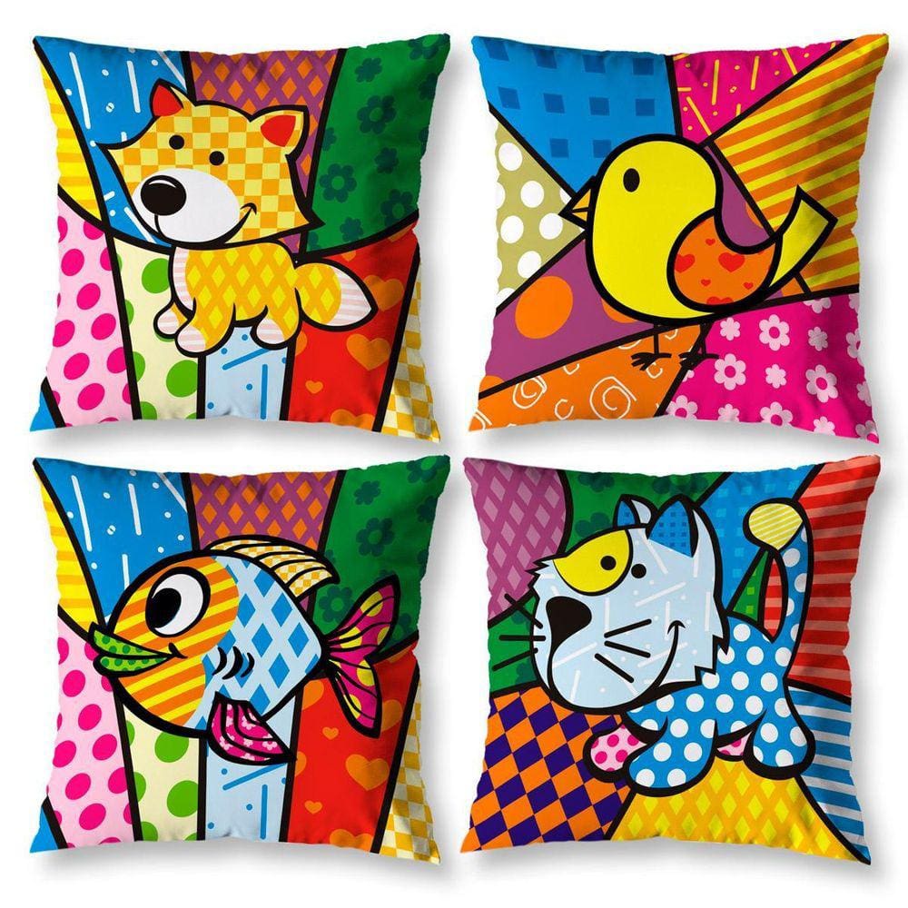 Kit 4 Capas Almofada Sala 40Cm X 40Cm Estampadas Pop Bicho